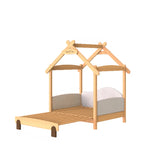 Natural Finish Wood House Shape Kids Bed with Guardrail Image - 3