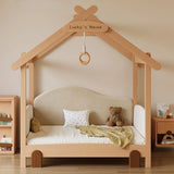 Natural Finish Wood House Shape Kids Bed with Guardrail Image - 4