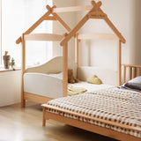 Natural Finish Wood House Shape Kids Bed with Guardrail Image - 5