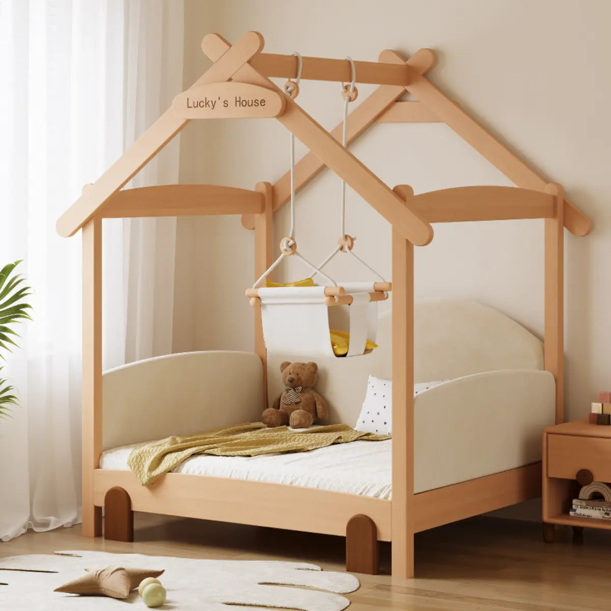 Natural Finish Wood House Shape Kids Bed with Guardrail Image - 6