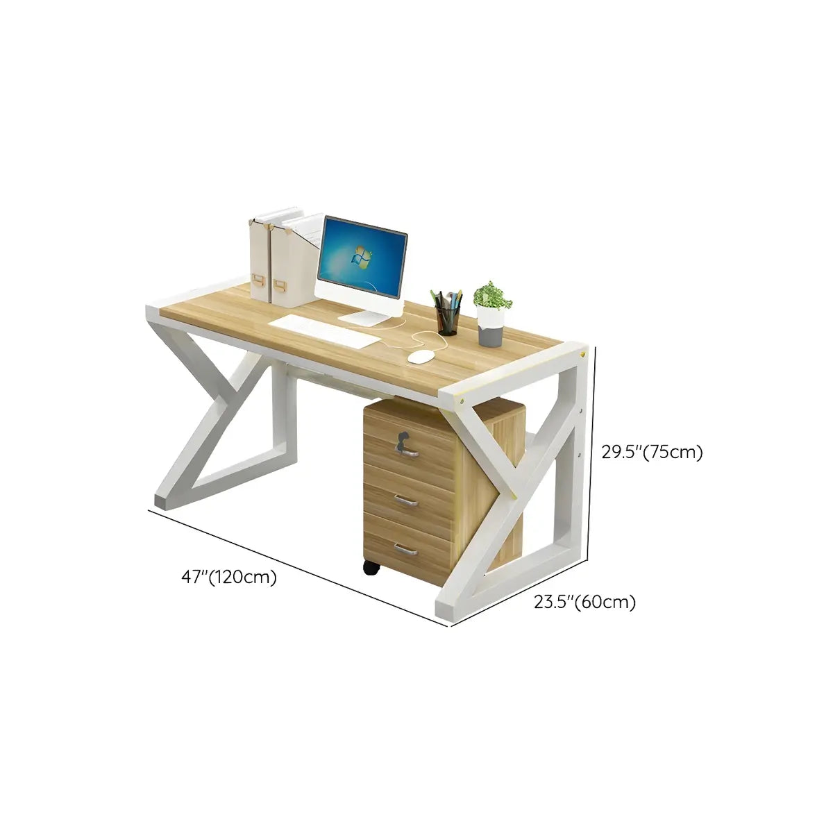 Natural Finish Wood Rectangle Drawers Sled Writing Desk 