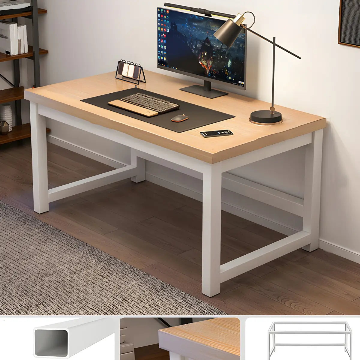 Natural Finish Wood Rectangle Steel H-Shape Gaming Desk Image - 14