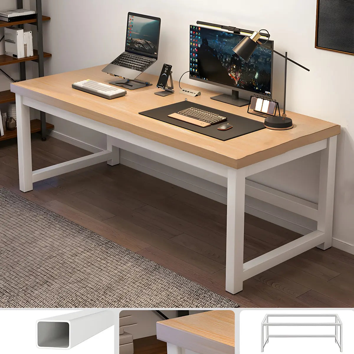 Natural Finish Wood Rectangle Steel H-Shape Gaming Desk Image - 17