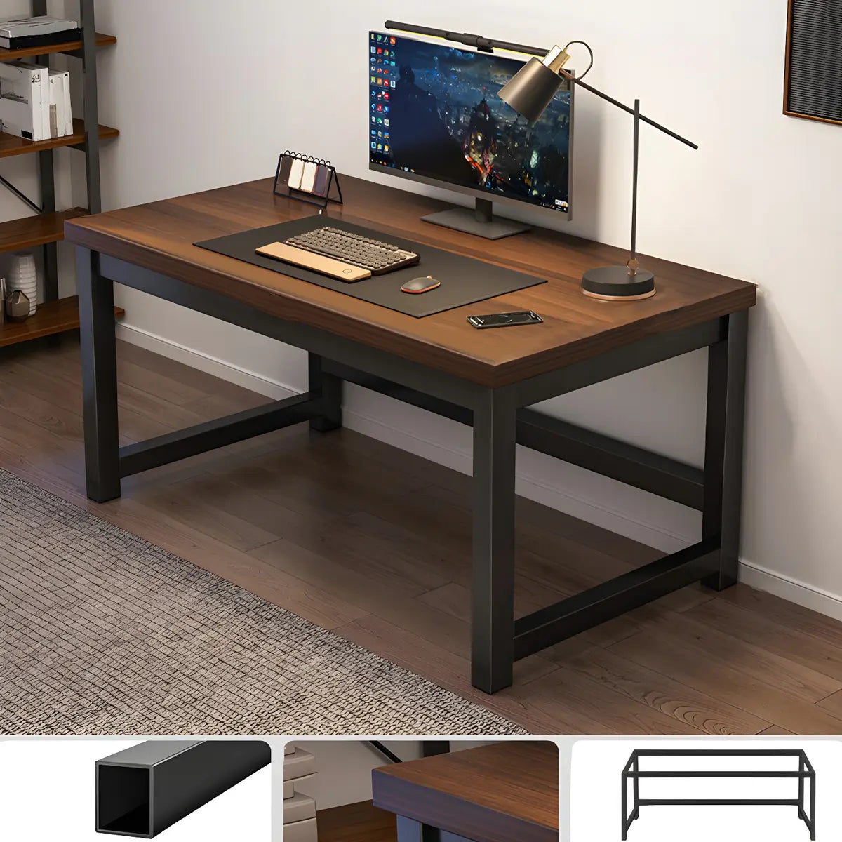 Natural Finish Wood Rectangle Steel H-Shape Gaming Desk Image - 20