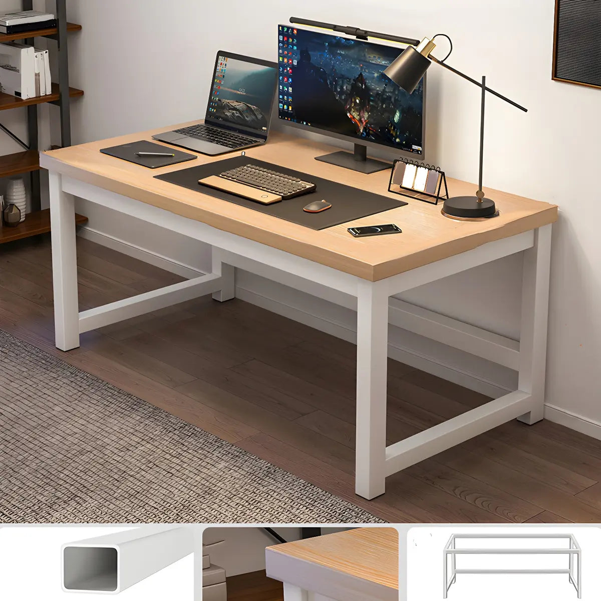 Natural Finish Wood Rectangle Steel H-Shape Gaming Desk Image - 21