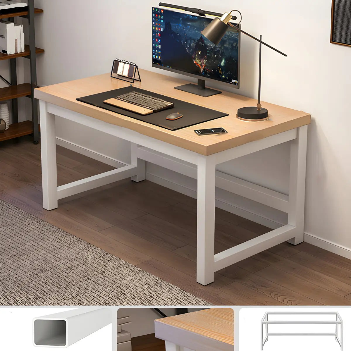 Natural Finish Wood Rectangle Steel H-Shape Gaming Desk Image - 7