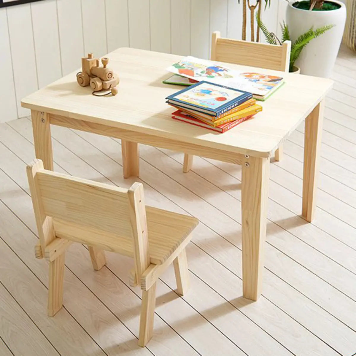 Natural Finish Wood Rectangle Toddler Table Chair Set Image - 2