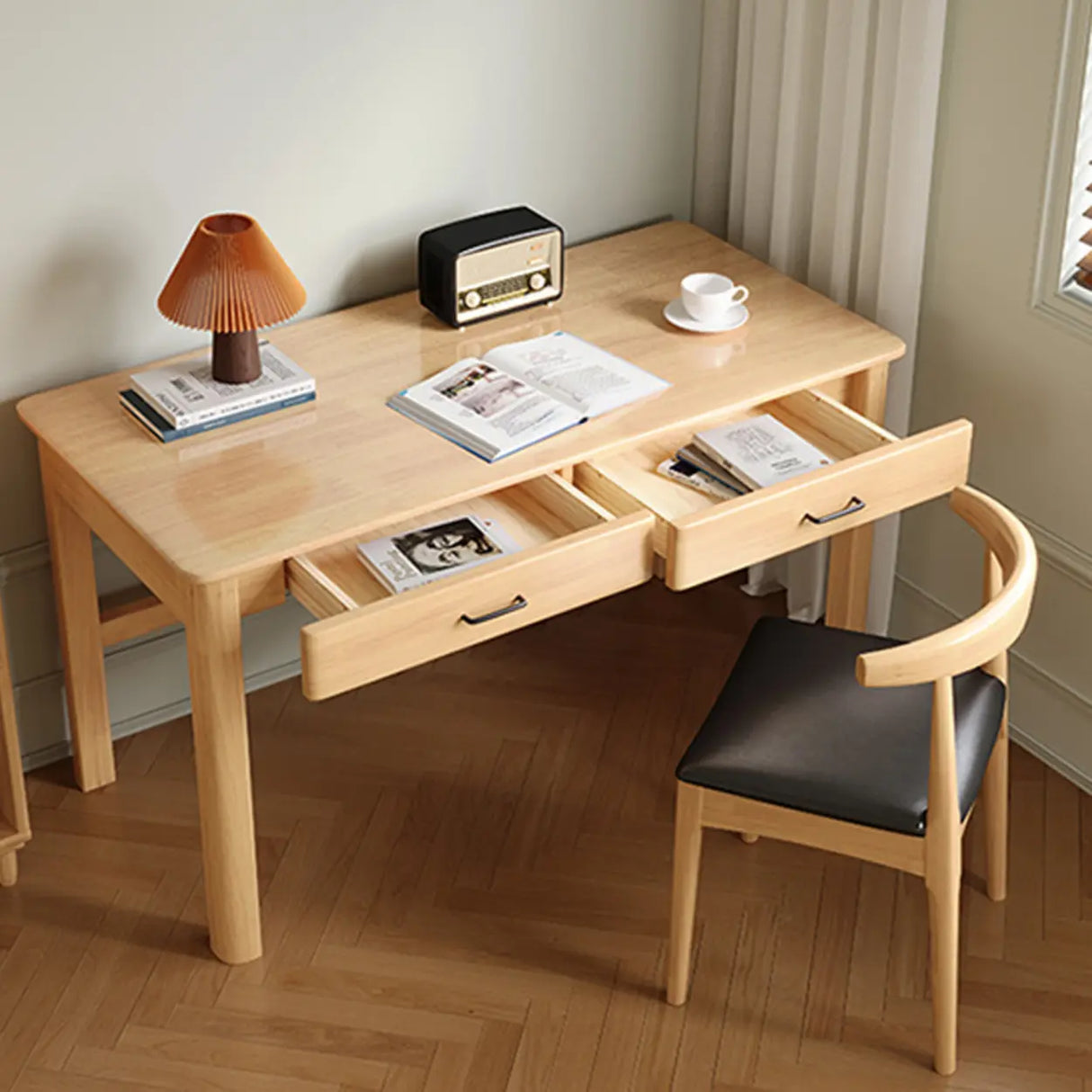 Natural Finish Wood Rectangular Drawers Computer Desk Image - 12