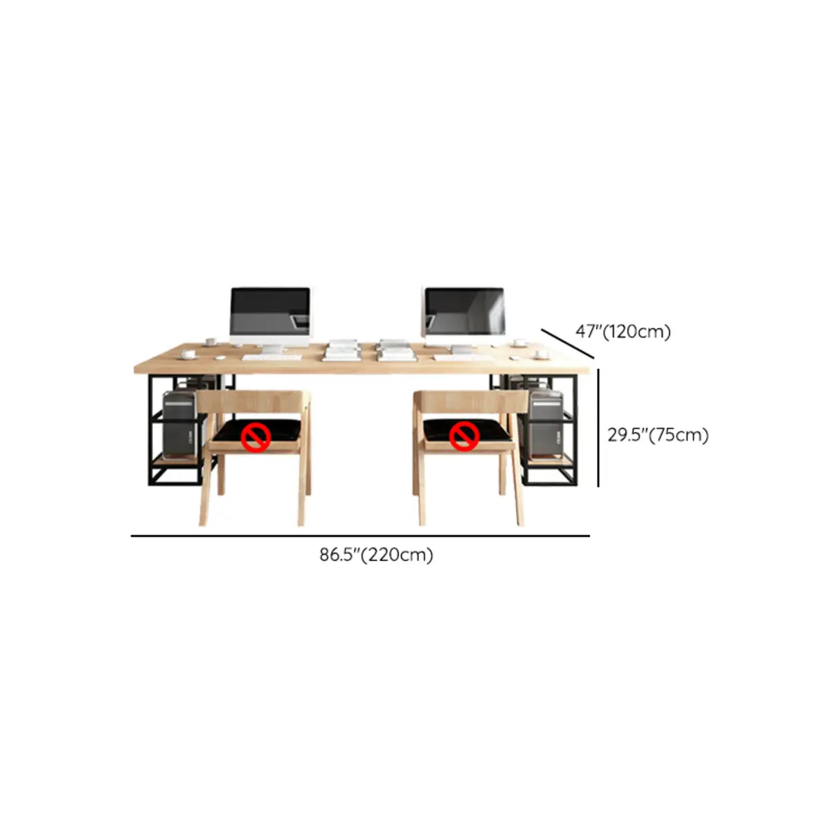 Natural Finish Wood Shelf Storage H-Shape Writing Desk Image - 17