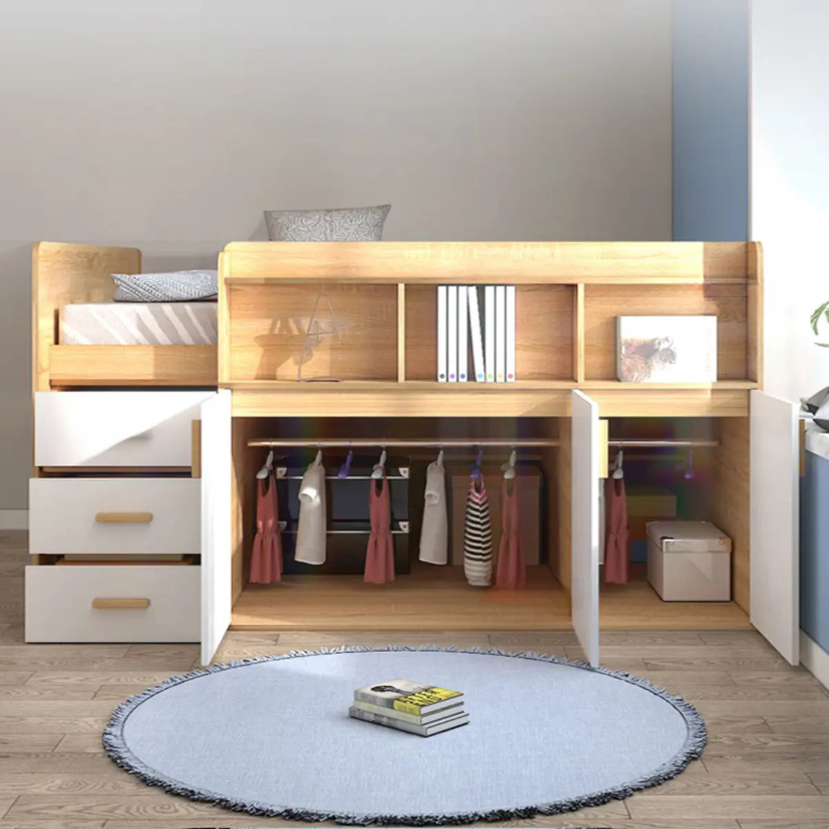 Natural Finish Wood Storage Kids Loft Bed with Stairs Image - 3