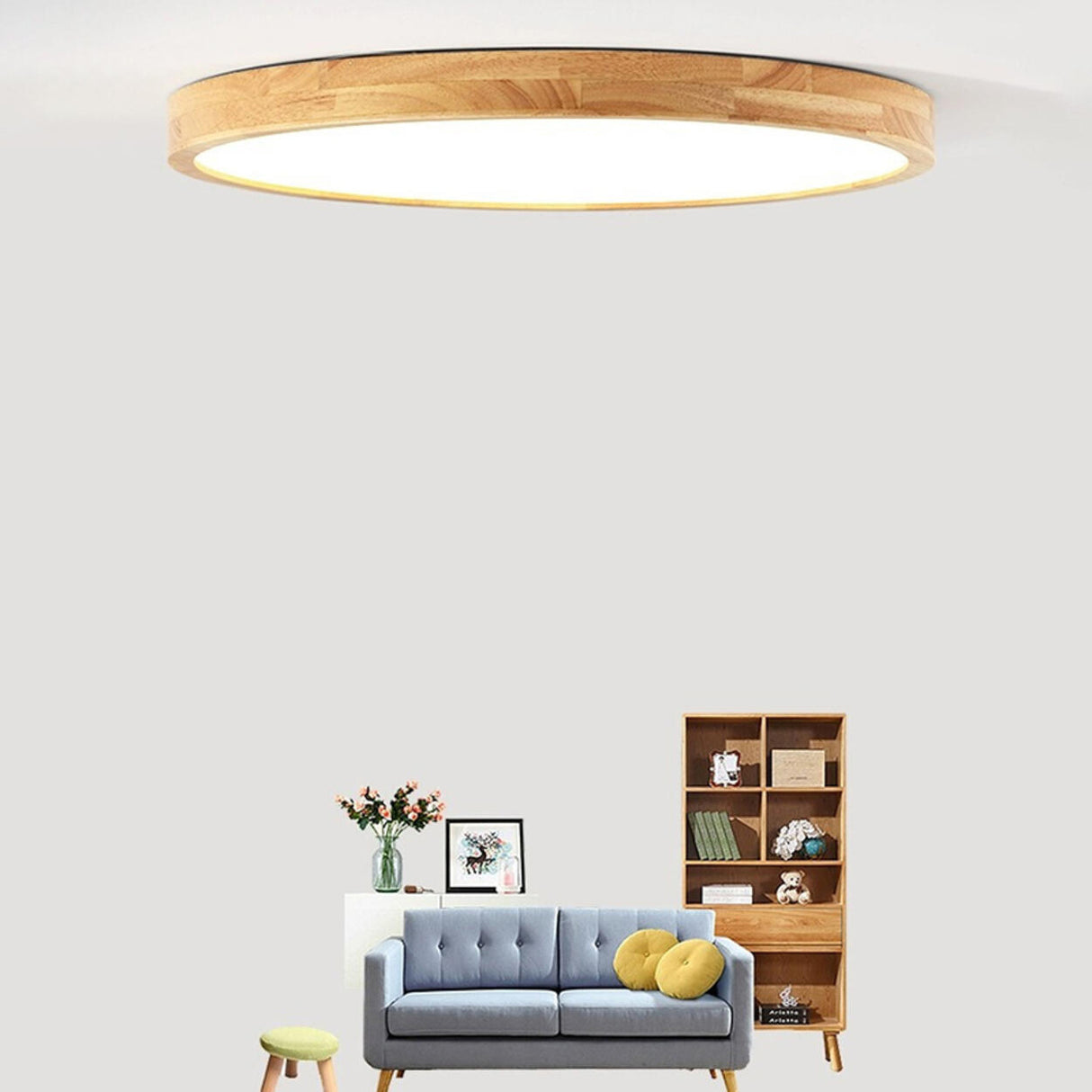 Natural Finish Wooden Circle Flush Mount Ceiling Lamp Image - 4