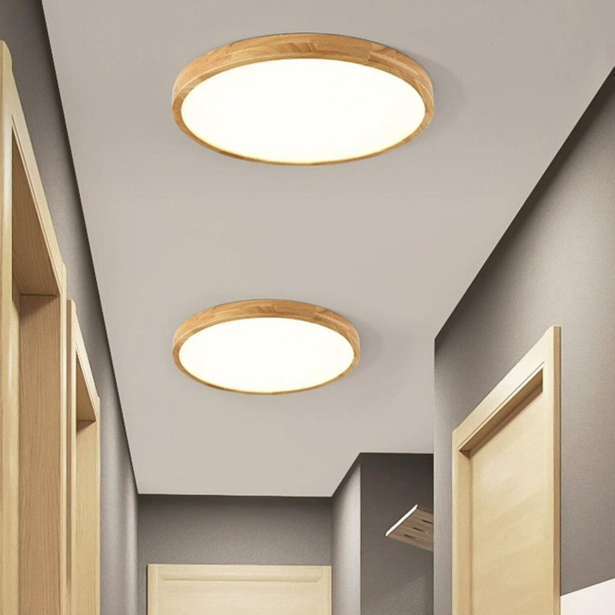 Natural Finish Wooden Circle Flush Mount Ceiling Lamp Image - 6