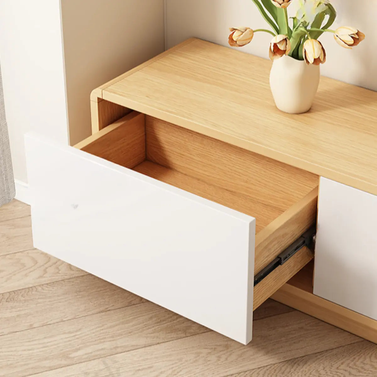 Natural Finish Wooden Rectangle TV Stand with Drawers Image - 8