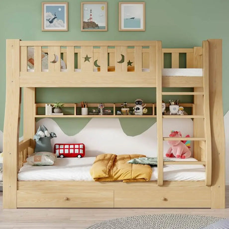 Natural Finish Wooden Storage Bunk Bed with Ladder Image - 1