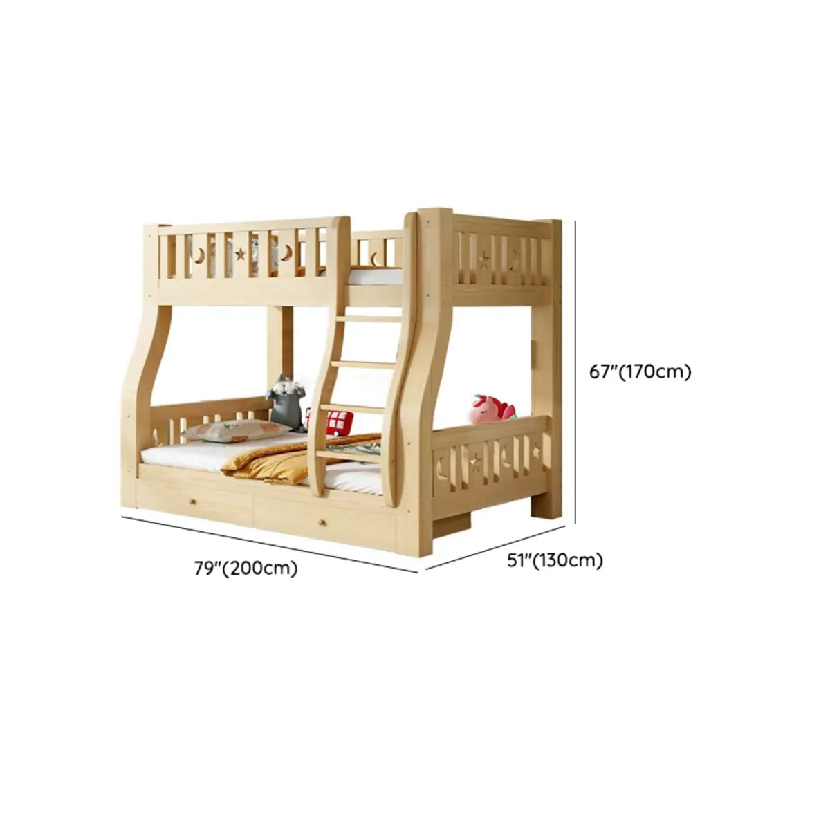 Natural Finish Wooden Storage Bunk Bed with Ladder 