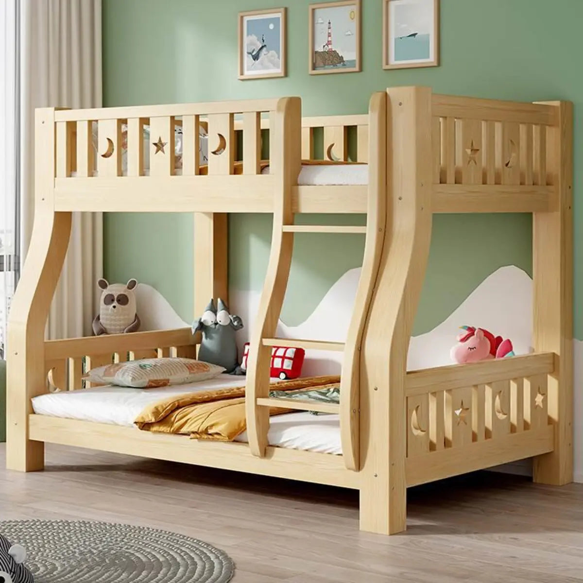 Natural Finish Wooden Storage Bunk Bed with Ladder Image - 2