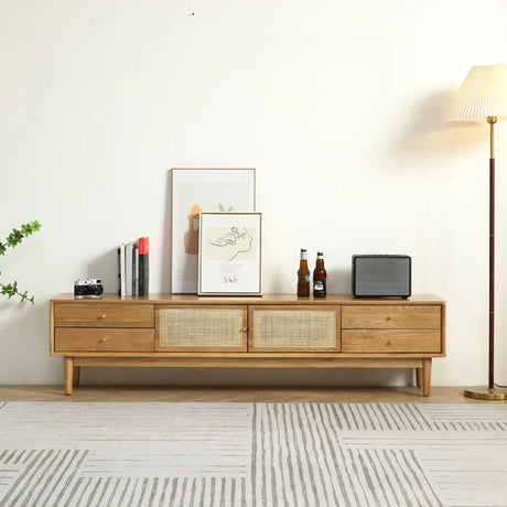 Natural Finish Wooden TV Stand with Cabinet Drawers Image - 1