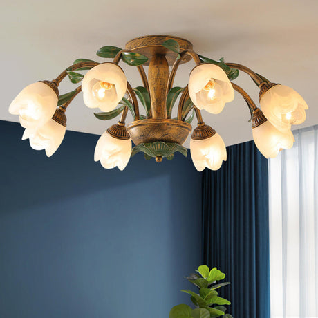 Natural Flower Brass Semi-Flush Mount Light 8-Light Image - 1