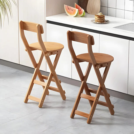 Natural Foldable Round Wood Armless Bar Stool With Footrest Image - 1