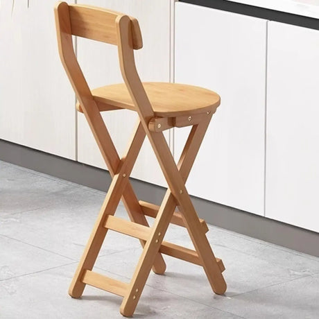 Natural Foldable Round Wood Armless Bar Stool With Footrest Image - 2