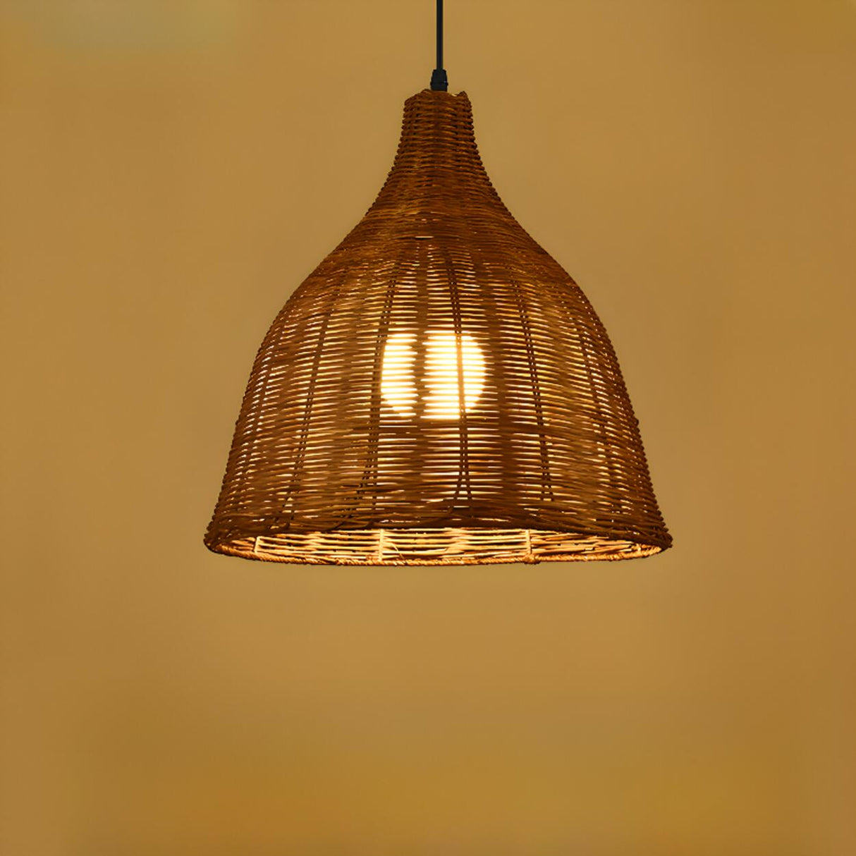 Natural Handwoven Bell Rattan Cone Pendant Light Image - 16