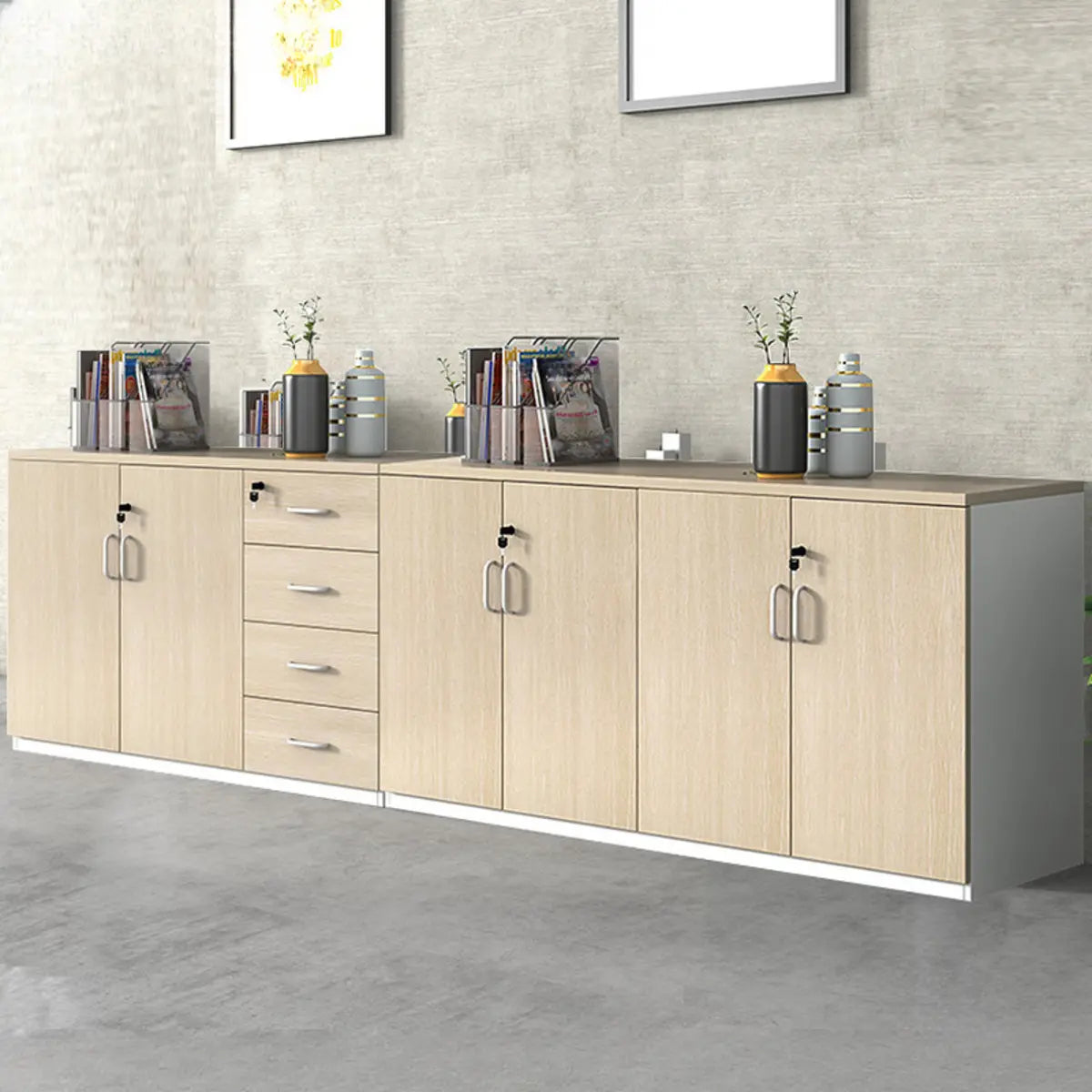 Natural Horizontal Lockable Storage Credenza with Drawers Image - 11