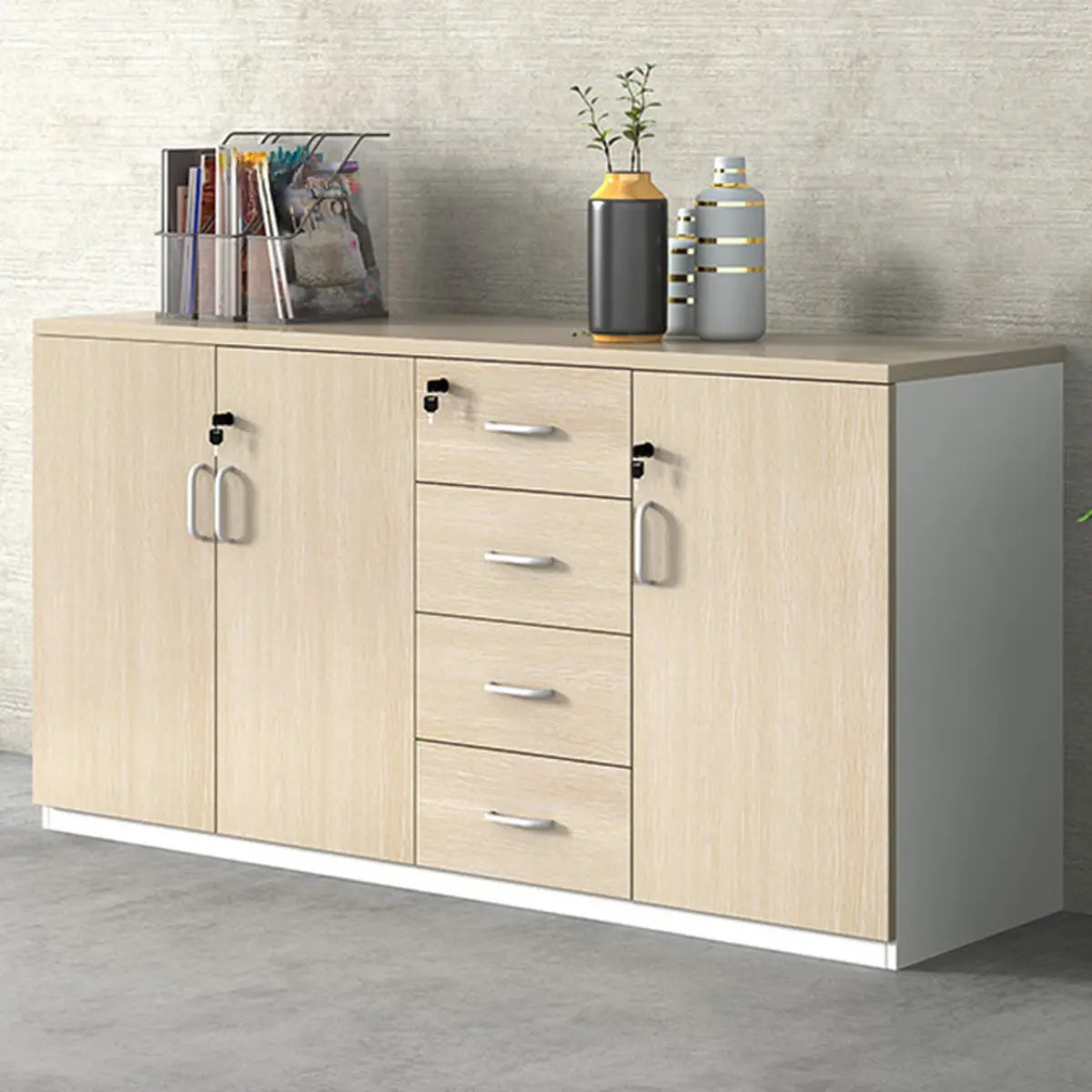 Natural Horizontal Lockable Storage Credenza with Drawers Image - 5