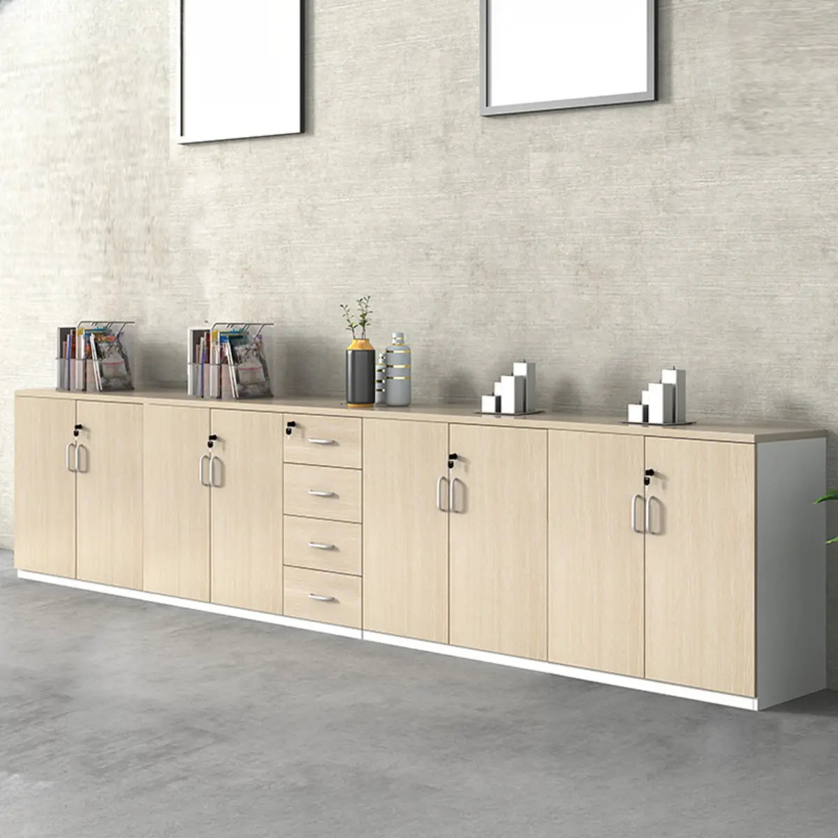 Natural Horizontal Lockable Storage Credenza with Drawers Image - 14