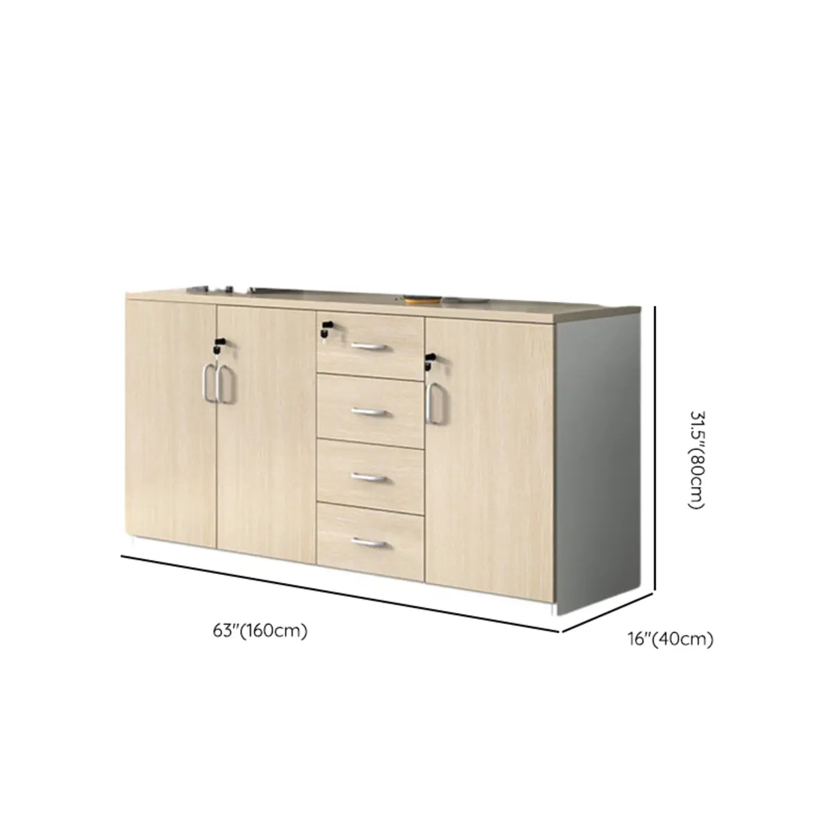 Natural Horizontal Lockable Storage Credenza with Drawers 