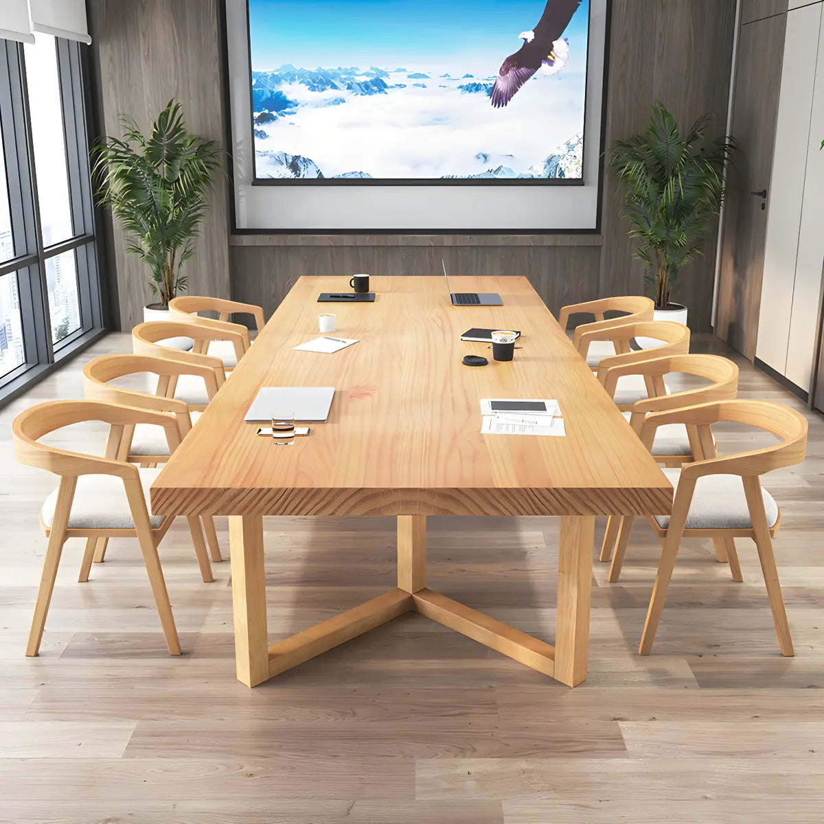 Natural Light Wood Rectangle Sled Conference Desk for 8 Image - 4