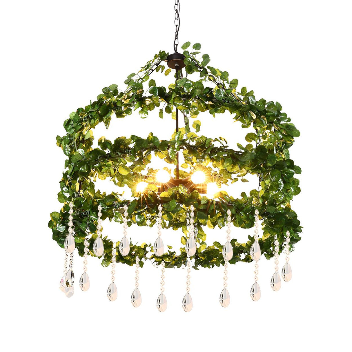 Natural Metal Ring Green Leaf Crystal Drops Chandelier Image - 3