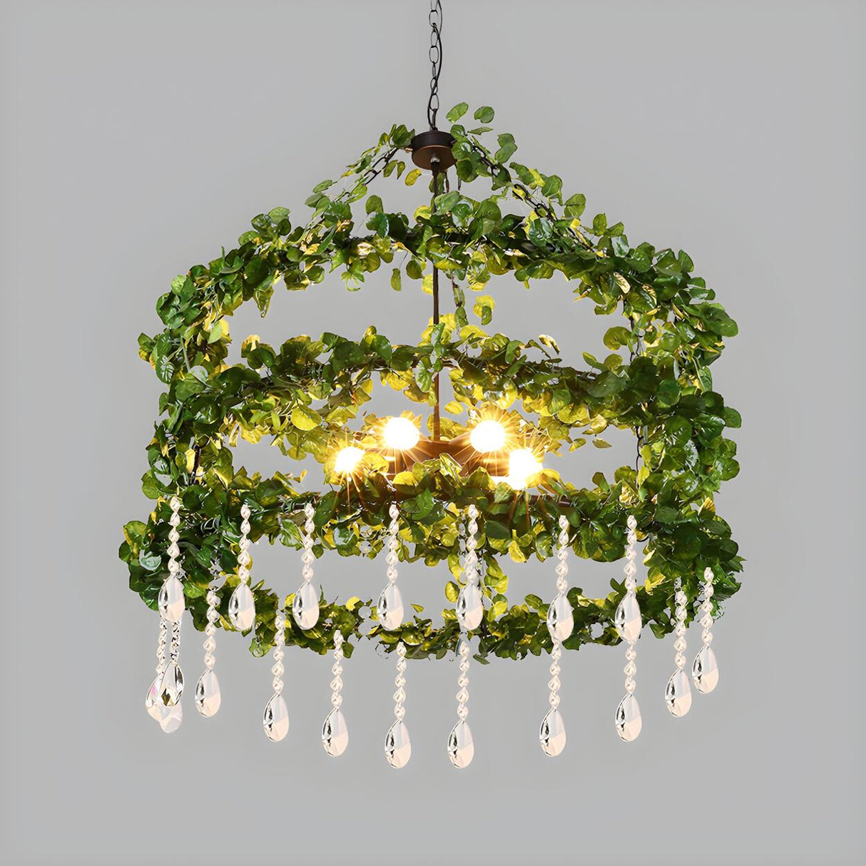 Natural Metal Ring Green Leaf Crystal Drops Chandelier Image - 4