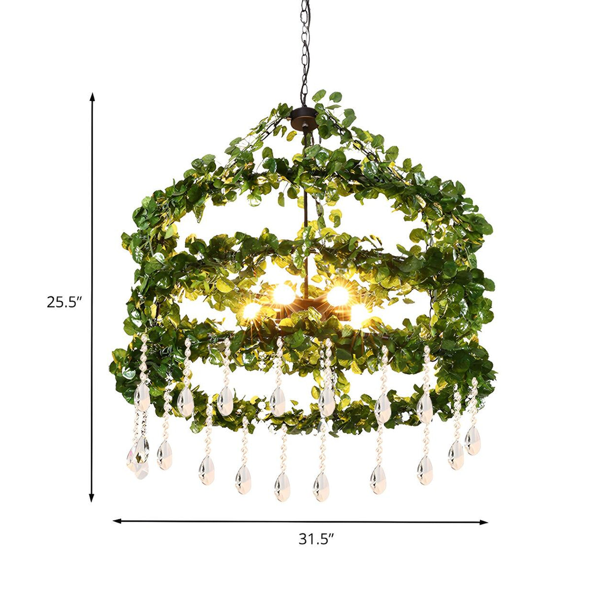 Natural Metal Ring Green Leaf Crystal Drops Chandelier Image - 6