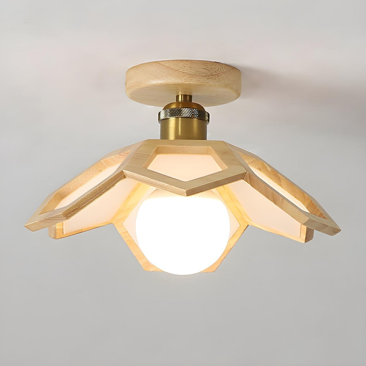 Natural Mini Solid Wood Geometric Semi-Flush Mount Lamp Image - 7