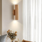 Natural Minimalist Cylinder Wooden Up Down Wall Lamp Image - 1