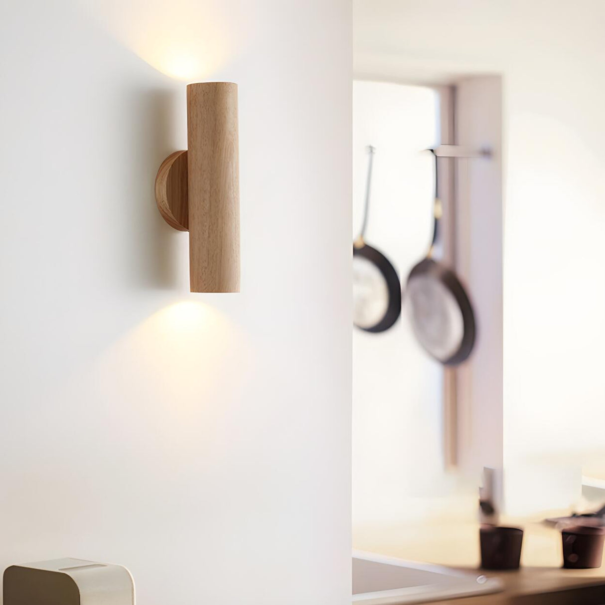 Natural Minimalist Cylinder Wooden Up Down Wall Lamp Image - 10