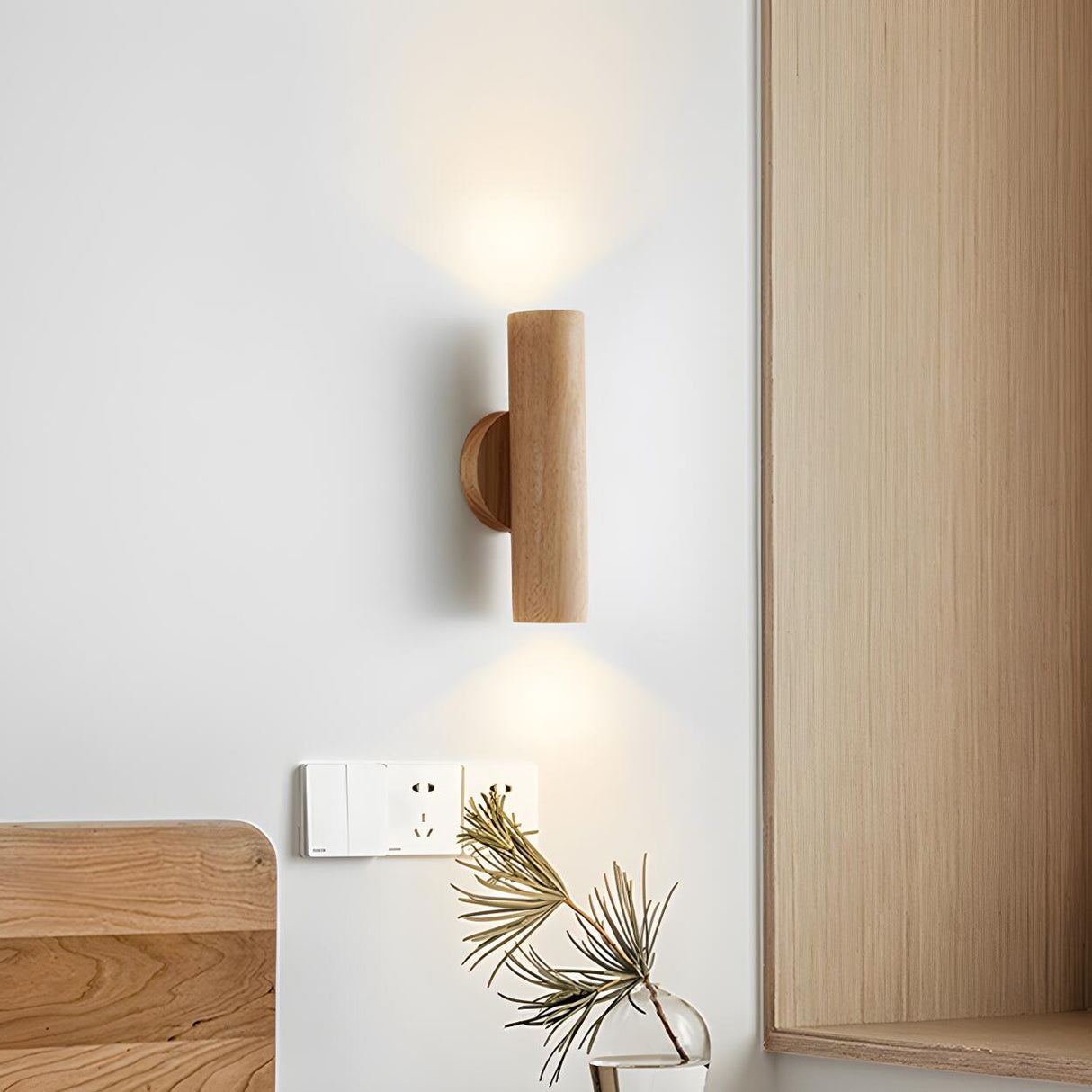 Natural Minimalist Cylinder Wooden Up Down Wall Lamp Image - 11