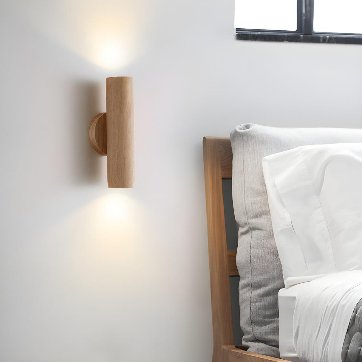 Natural Minimalist Cylinder Wooden Up Down Wall Lamp Image - 14