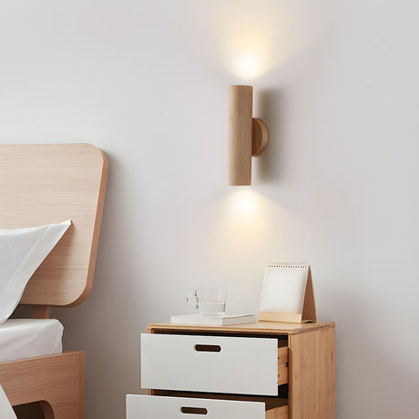 Natural Minimalist Cylinder Wooden Up Down Wall Lamp Image - 2