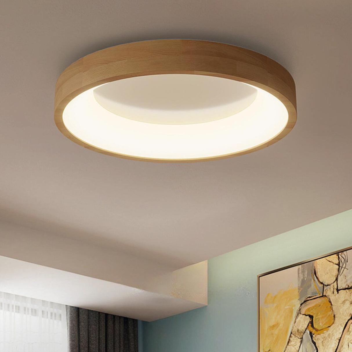 Natural Minimalist Round Wooden Flush Mount Light Image - 1