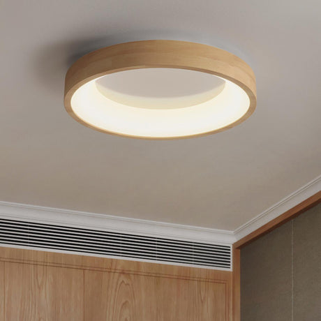 Natural Minimalist Round Wooden Flush Mount Light Image - 2