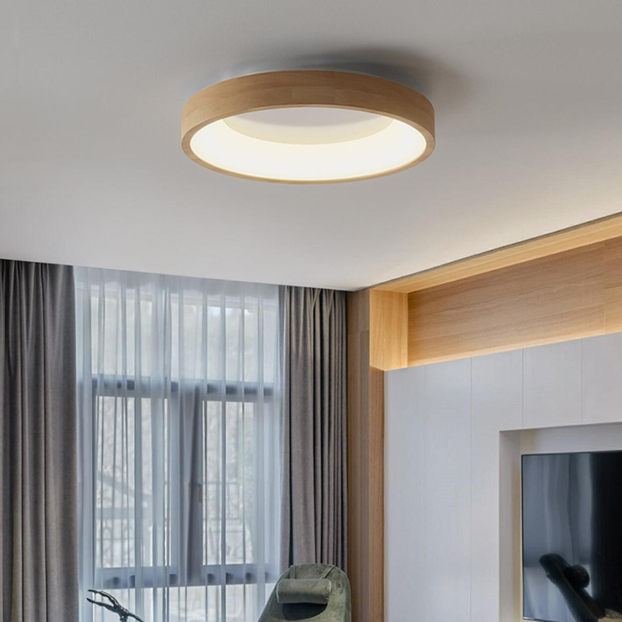 Natural Minimalist Round Wooden Flush Mount Light Image - 3