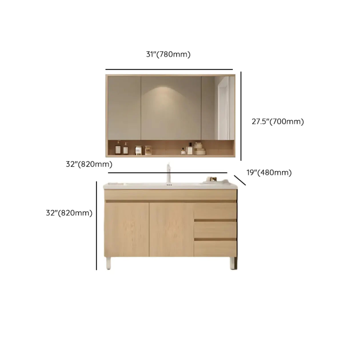 Natural Oak Free-standing Wooden Storage Bathroom Vanity 