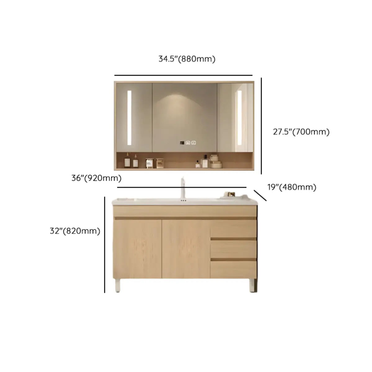 Natural Oak Free-standing Wooden Storage Bathroom Vanity Image - 19