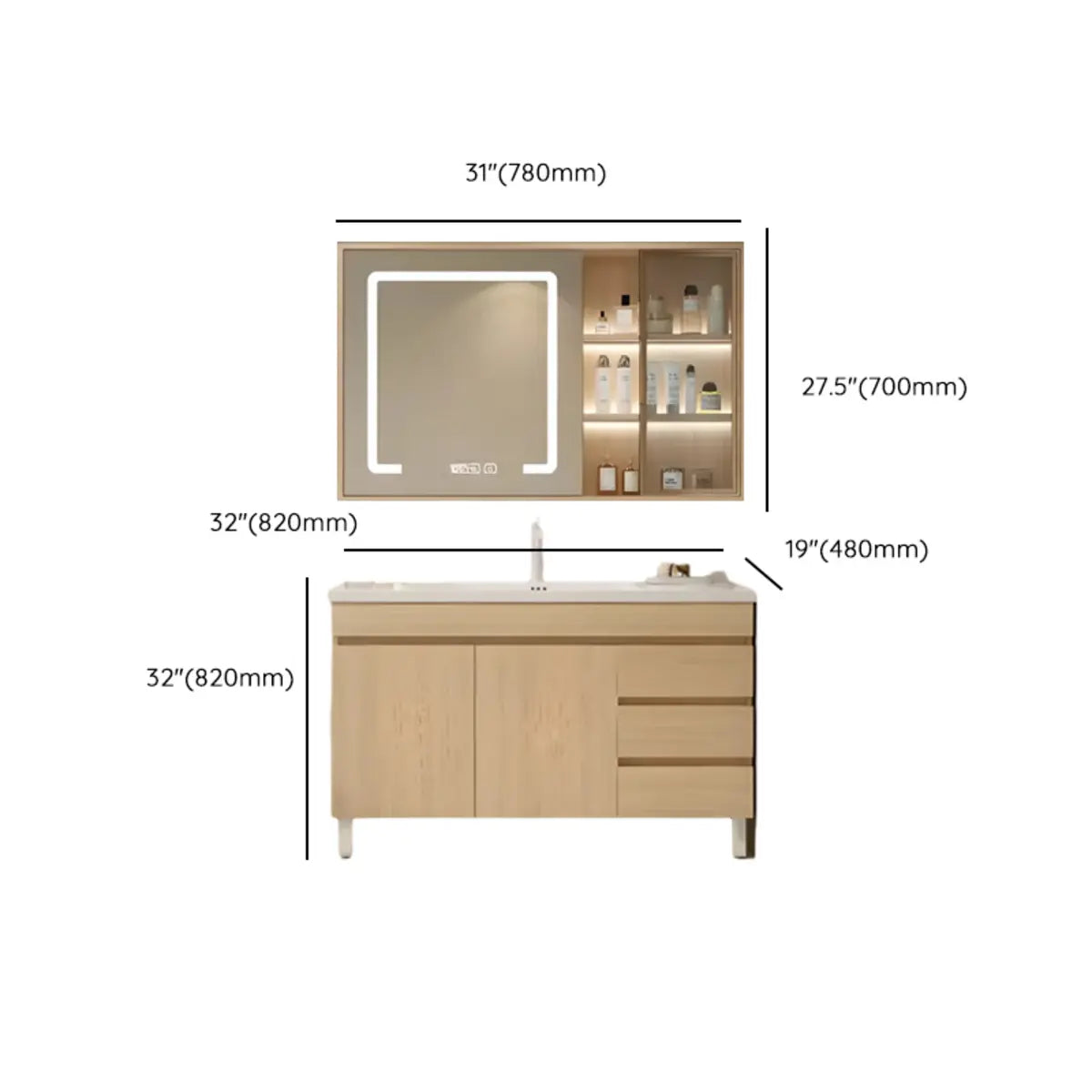 Natural Oak Free-standing Wooden Storage Bathroom Vanity Image - 23