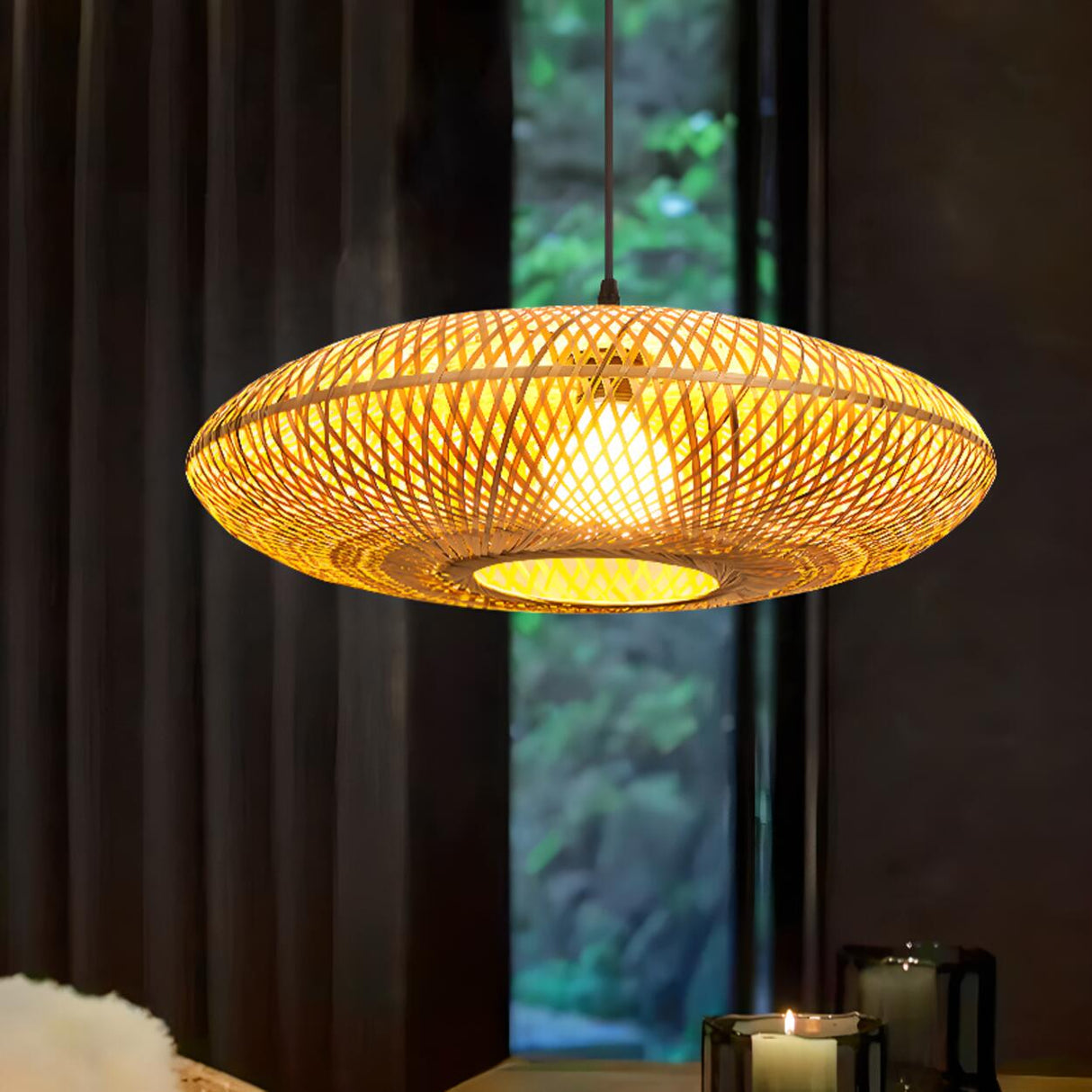 Natural Oriental Bamboo Woven UFO Pendant Light Image - 6