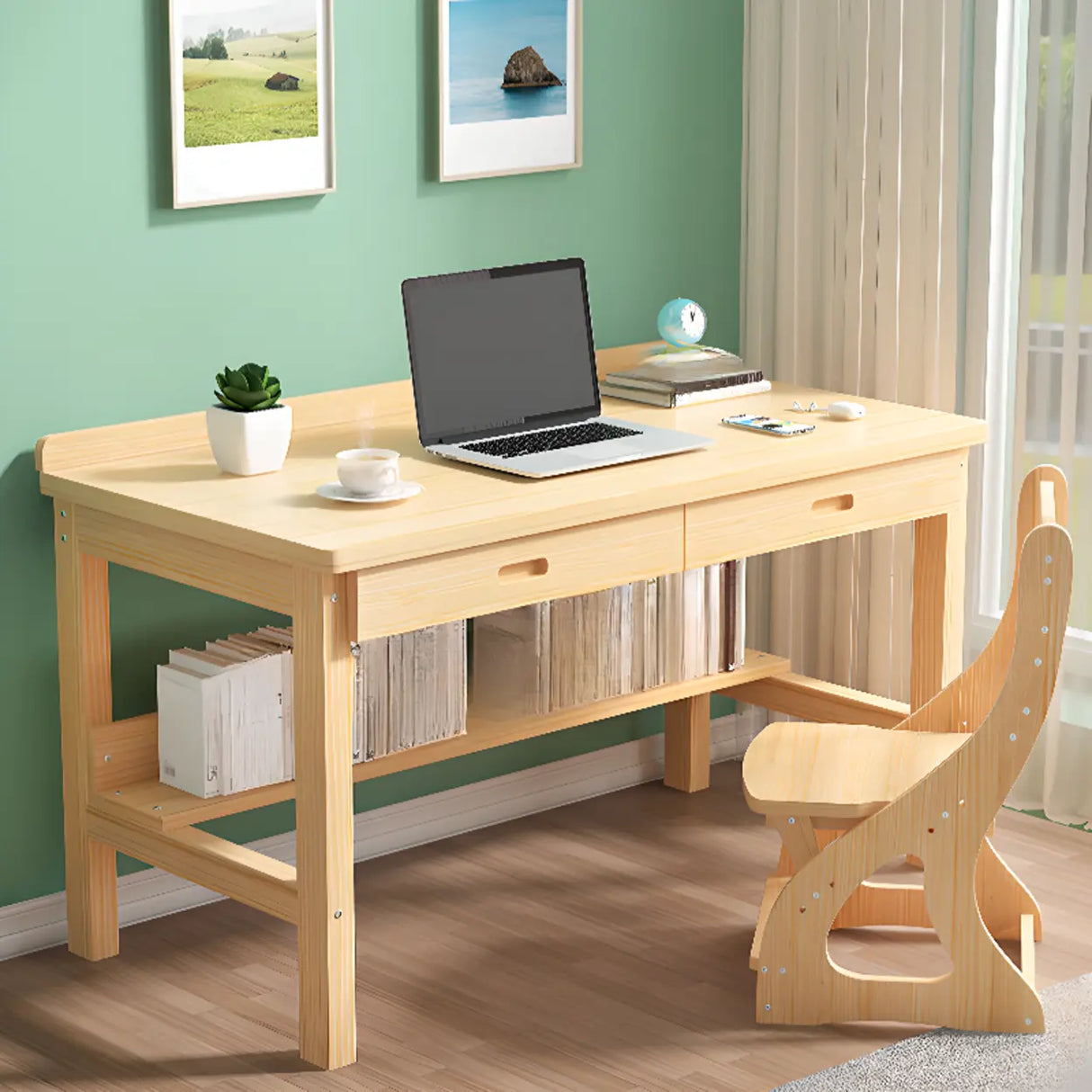 Natural Pine Light Wood Drawers H-Shape Writing Desk Image - 1