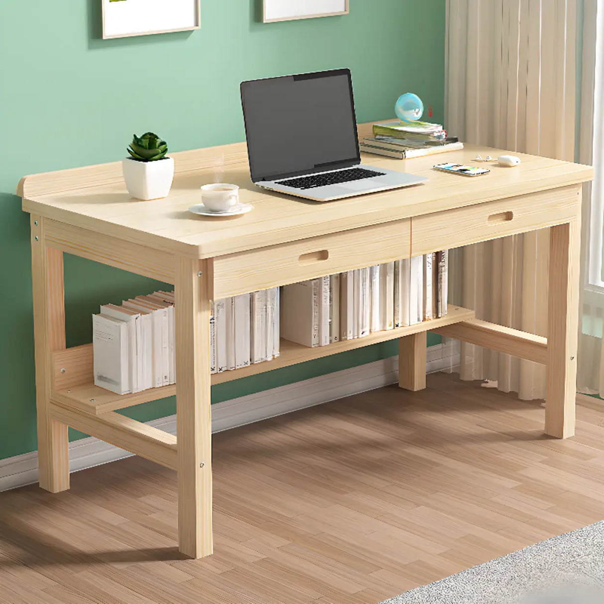 Natural Pine Light Wood Drawers H-Shape Writing Desk Image - 2