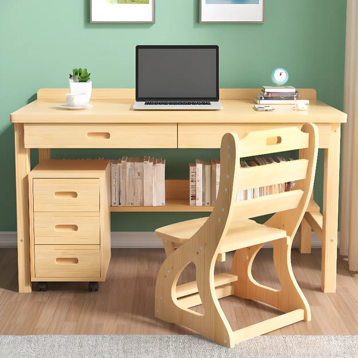 Natural Pine Light Wood Drawers H-Shape Writing Desk Image - 5