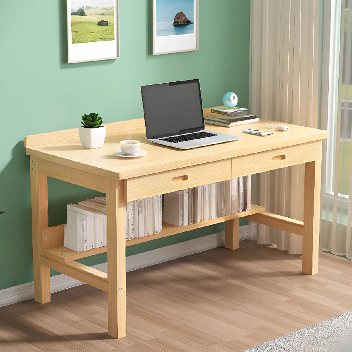 Natural Pine Light Wood Drawers H-Shape Writing Desk Image - 6